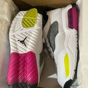 Jordan men’s  White, Pink, and Yellow Sneakers